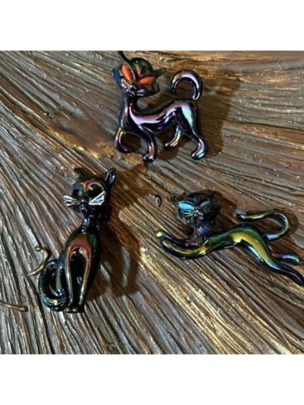 Set of 3 Opalescent Cat Brooches Kitty Figural Animal Pins Vintage - Picture 1 of 8